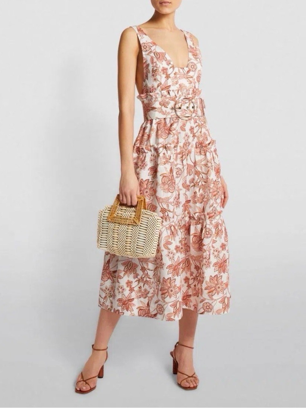Beulah White Dress with Coral Floral Print A line with belt